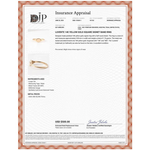 Metal Luvente 14k Yellow Gold Square Signet Band Ring Size 6.5 For Sale - Image 7 of 7