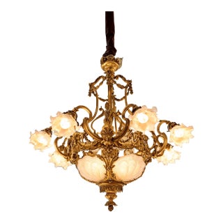 19th C French Louis XVI Gilt Bronze Milk Glass Chandelier For Sale