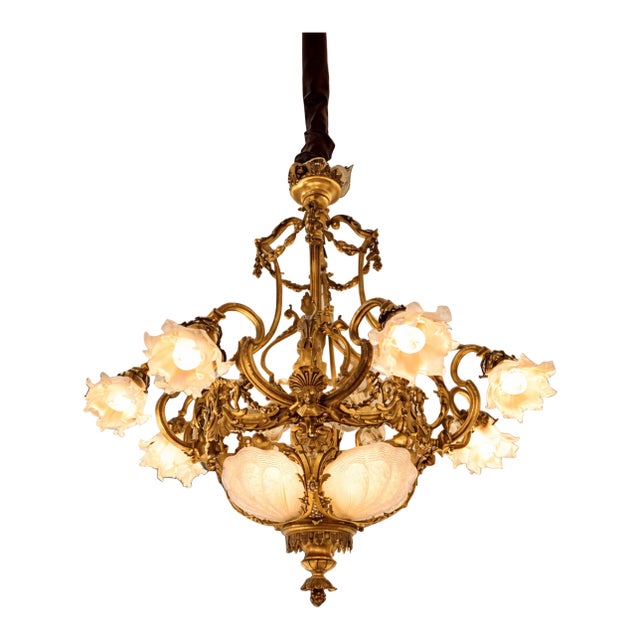 19th C French Louis XVI Gilt Bronze Milk Glass Chandelier For Sale