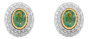 Two Tone 14k Solid Gold Halo Set Diamond Emerald Stud Earrings- A Pair