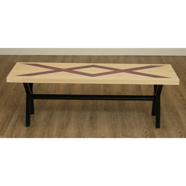 Postmodern Postmodern Studio Crafted Oak Purple Parquet Inlaid X Iron Base Coffee Table For Sale - Image 3 of 13