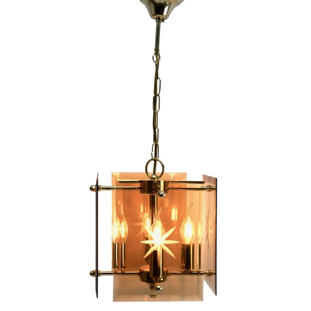 Modern Cuboid Ceiling Center-Light with 4 Lamps Behind Bronzed Glass Panels For Sale - Image 3 of 13