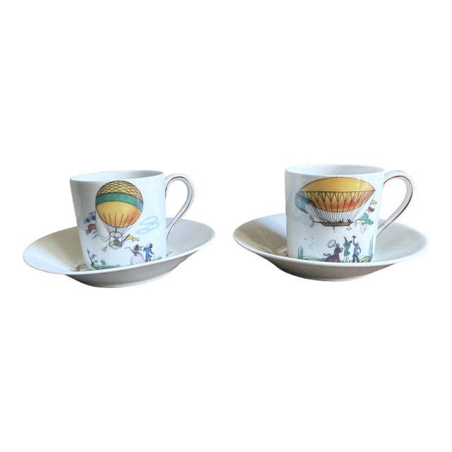 Mid 19th Century, Victorian Revival, Limoges France, Hot Air Balloon Demitasse Cup and Saucer - Pair For Sale