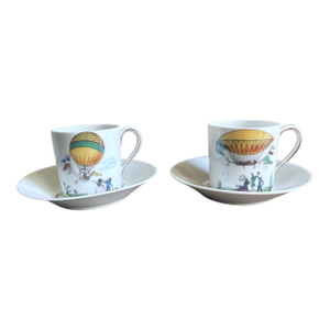 Mid 19th Century, Victorian Revival, Limoges France, Hot Air Balloon Demitasse Cup and Saucer - Pair