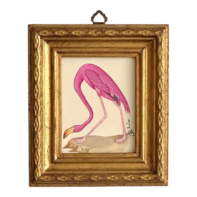 Hand-Painted Flamingo Painting. Framed in a Vintage Frame For Sale