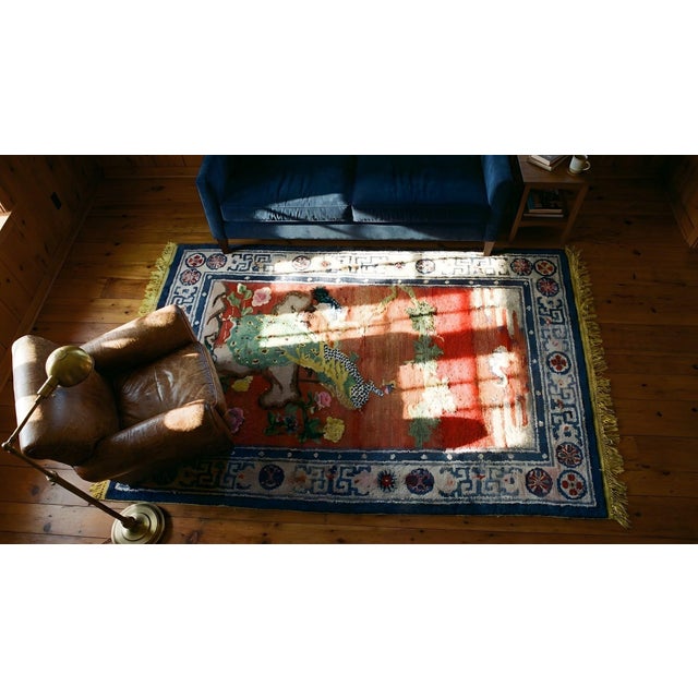 Extraordinary Ruby Red Background Color With Floral and Peacock Design Vintage Chinese Silk Rug For Sale - Image 13 of 15