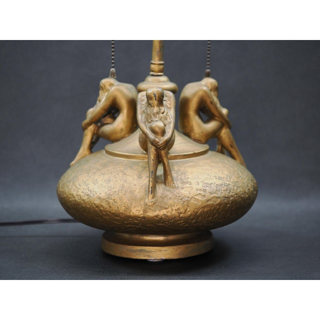 Art Deco 1930s Art Deco Signed Olive Kooken Figural Nude Women Bronze Over Plaster Table Lamp For Sale - Image 3 of 17
