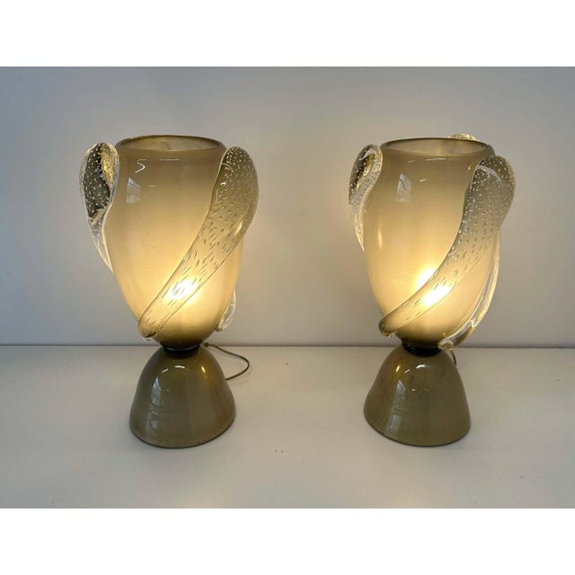 Gold Art Deco Italian Grey and Gold Leaf Murano Glass Vase Lamps, 2000s, Set of 2 For Sale - Image 8 of 11