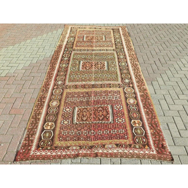 Mid-Century Modern Vintage Oversized Turkish Kilim Rug - 65" X 140" For Sale - Image 3 of 11