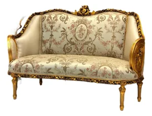 French Louis XVI Style Sofa – Gold Leaf Carved Frame With Elegant Floral Upholstery