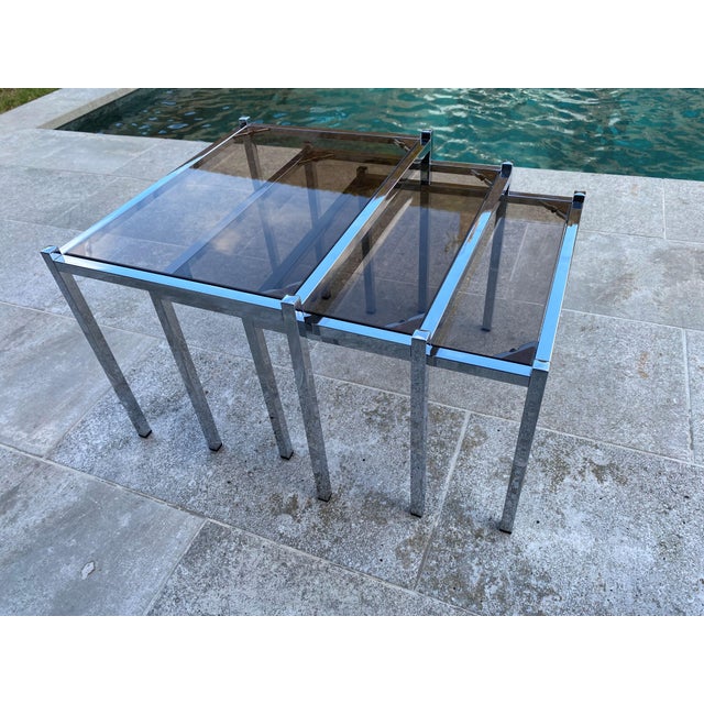 Vintage Chrome and Glass Nesting Tables, 1970, Set of 3 For Sale - Image 16 of 18