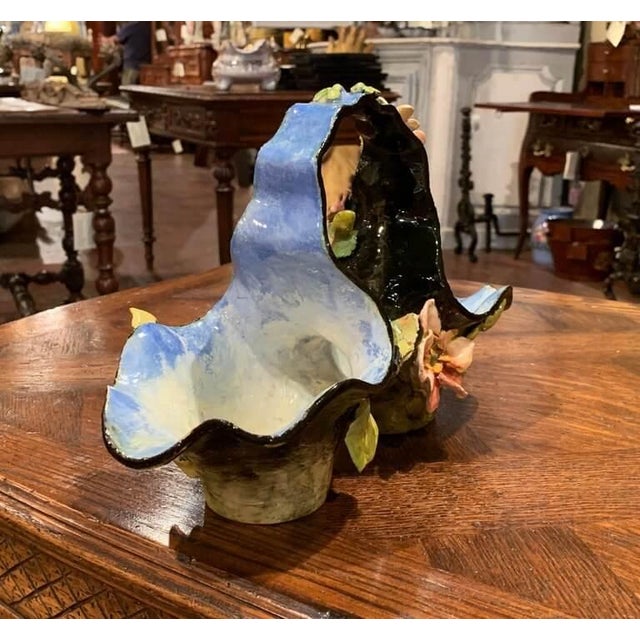 Green 19th Century French Painted Ceramic Barbotine Basket From Montigny-Sur-Loing For Sale - Image 8 of 11