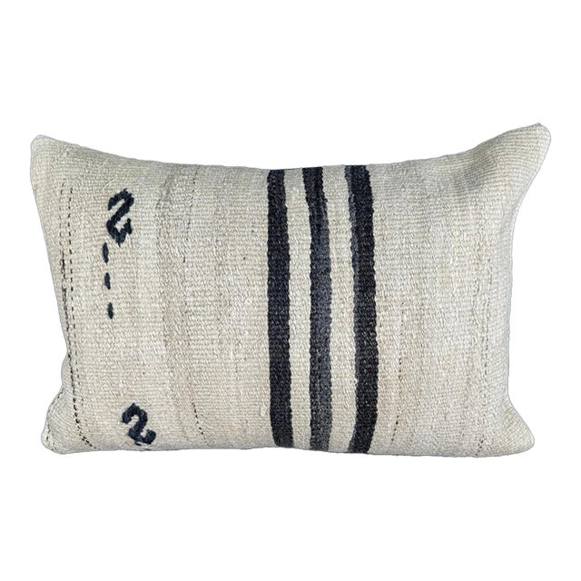 Turkish Hemp Pillow Cushion Natural Beige Black Pillow Cushion Cover 16 "x 24" For Sale