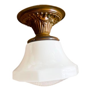1920 Angled White Cased Glass Flushmount on Embossed Original Patina Holder For Sale