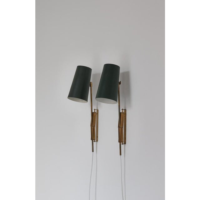 Scandinavian Modern Brass Lamps with Green Shades attributed to T.H. Valentiner, 1960s, Set of 2 For Sale - Image 18 of 18