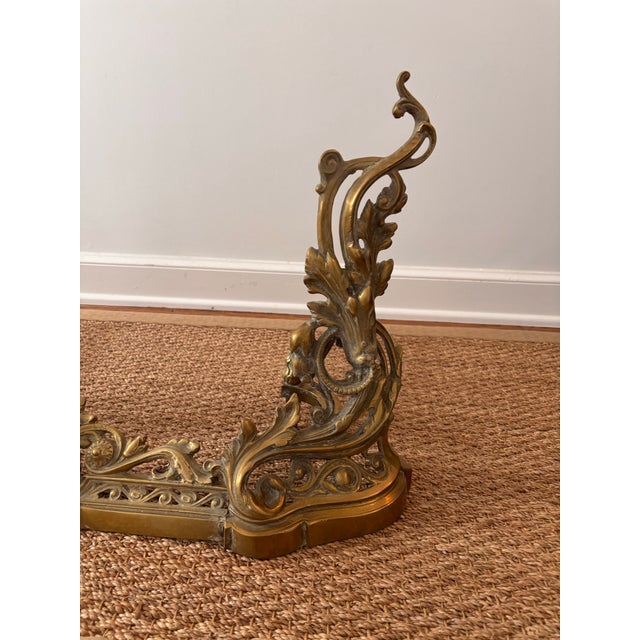 Antique Early Twentieth Century Louis XV Ornate Rococo Style Heavy Brass Small Scale Five Piece Andirons, Fender and Chenets With Flame Finials For Sale - Image 4 of 9