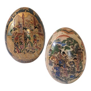 Vintage Pair Chinese Satsuma‑Style Hand‑Painted Porcelain Eggs 5" For Sale