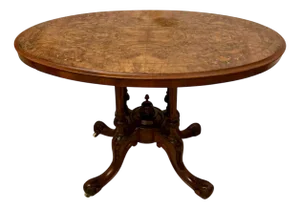 Antique Victorian Burr Walnut Inlaid Oval Lamp Table, 1860s