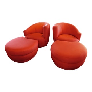 Pair of Vladimir Kagan for Weiman Chairs with Large Ottomans with Labels For Sale