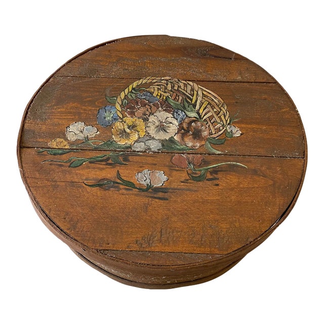 Vintage Hand Painted Wooden Round Box For Sale