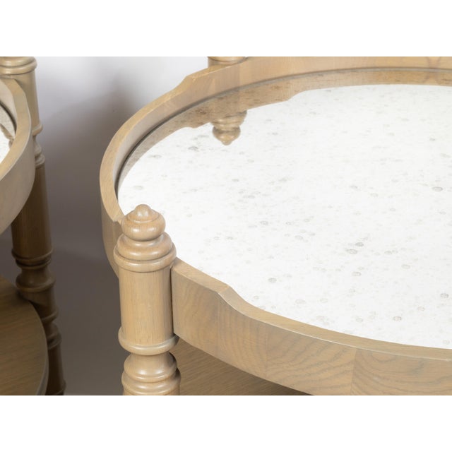 French Pair of French Vintage Oak side Tables with Mirrored Tops and Turned Legs For Sale - Image 3 of 9