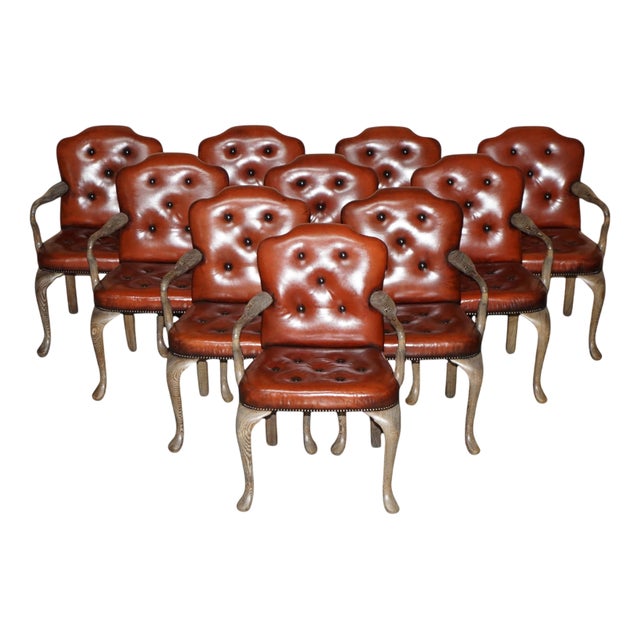 Shepherds Crook Chesterfield Dining Chairs in Limed Oak and Brown Leather, 1880, Set of 10 For Sale