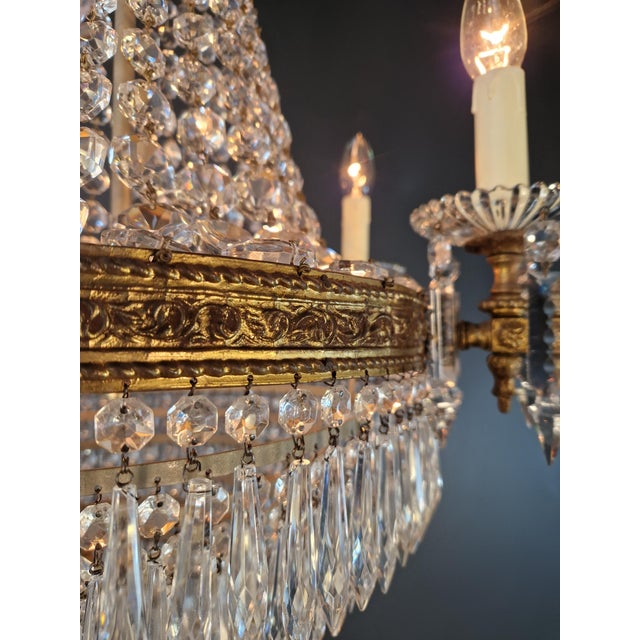 Antique Empire Style Brass Crystal Chandelier Neoclassical European Basket For Sale - Image 9 of 11
