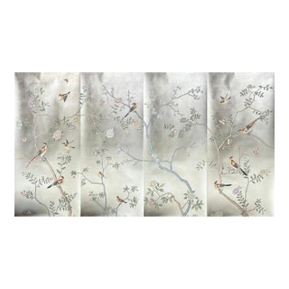 Silver Leaf Chinoiserie Hand-Painted Bird & Floral Wall Panels (Set of 4) For Sale