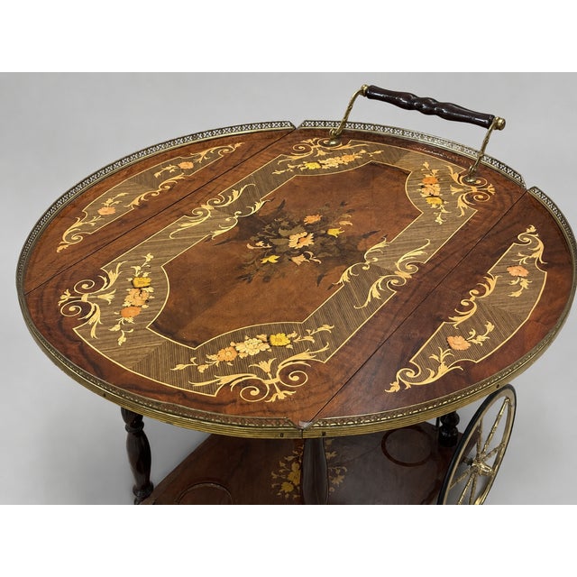 Italian Floral Marquetry Drop Leaf Bar Cart For Sale In Nashville - Image 6 of 6