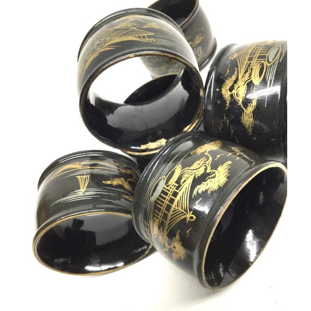 Antique Japanese Lacquered Wood Hand-Painted Napkin Rings Set of 6 For Sale - Image 9 of 9