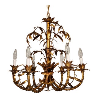 Vintage Italian Tole 1950s Faux Bamboo Palm 6 Light Chandelier W Original Cap For Sale