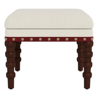 Bunny Williams Home Red Tape Stool in Cream Performance Linen with Antique Brass Nailheads and Mahogany Legs For Sale