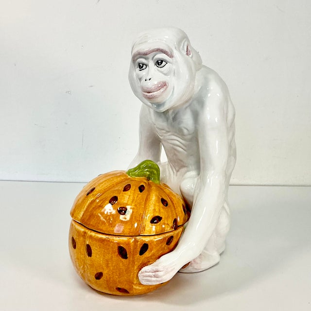 1950s Vintage Majolica Chinoiserie Hollywood Regency Figural Monkey With Pumpkin After Chelsea House, Halloween & Thanksgiving For Sale - Image 13 of 18