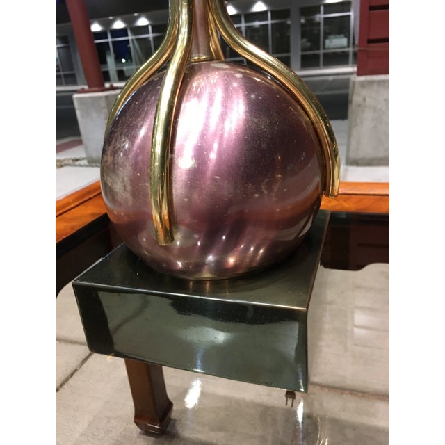 Space-age tall atomic sculptural tulip torchiere table lamp, brass base, polychrome body, and old fashioned large bulb...