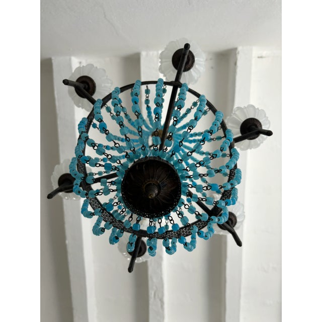 Italian Empire White Murano Opaline Beads Blue Beaded Tole Chandelier, C 1900 For Sale - Image 6 of 10