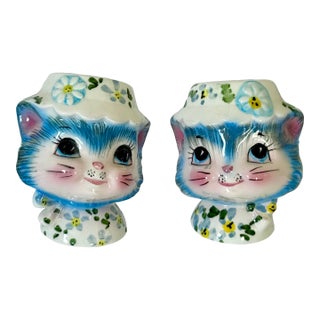 1950s Mid-Century Modern Miss Priss Kitty Salt Pepper Shakers Enesco, Anthropomorphic Ceramic Kitties For Sale