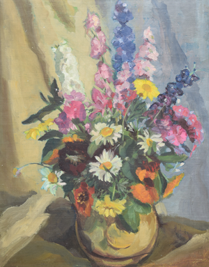 Kurt Lauber, Still Life with Wildflowers, 1955, Oil on Cardboard, Framed