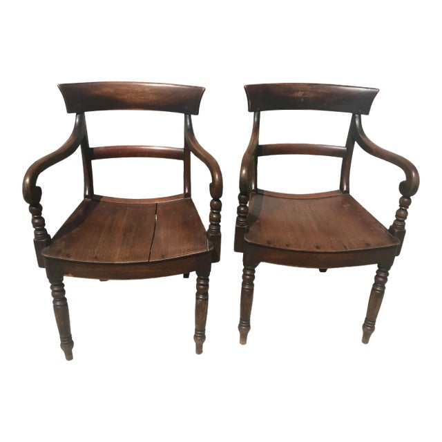 Antique William IV Carved Mahogany Scrolled Open Arm Turned Chairs - a Pair For Sale