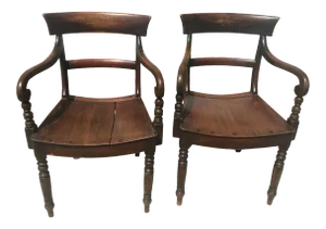 Antique William IV Carved Mahogany Scrolled Open Arm Turned Chairs - a Pair