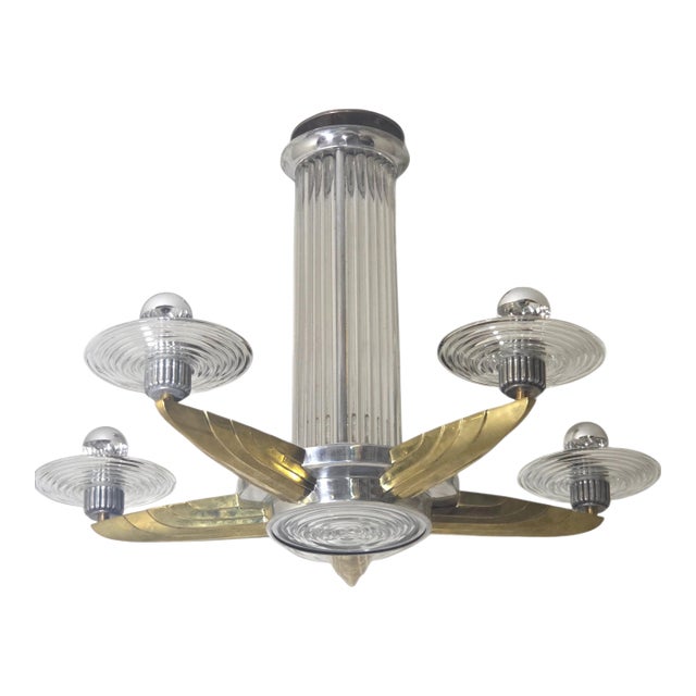Early 20th Century Petitot Signed Bronze, Nickel, Aluminum, Glass Five Arm Skyscraper Chandelier For Sale