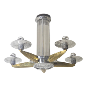 Early 20th Century Petitot Signed Bronze, Nickel, Aluminum, Glass Five Arm Skyscraper Chandelier