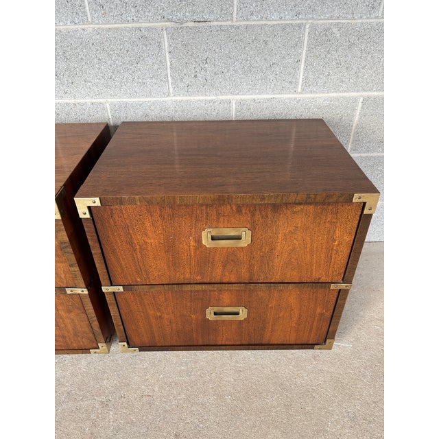 Campaign Mid 20th Century Lane Furniture Campaign Style 2 Drawer Walnut Nightstands - A Pair For Sale - Image 3 of 12