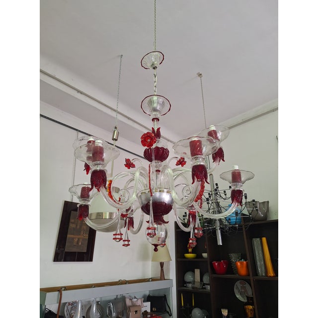 Chandelier in Transparent and Ruby ​​red Glass in Galliano and Murano Iron For Sale - Image 9 of 18