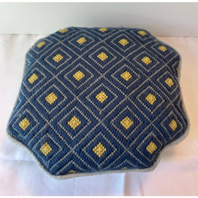 Vintage geometric needlepoint pillow with an octagonal shape, light blue silk backing and light blue self-welt edge. Great...