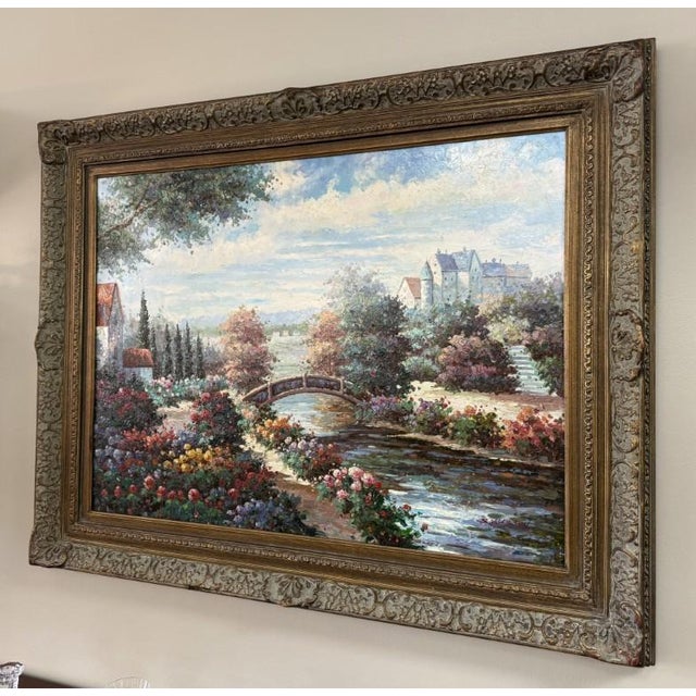 Traditional Late 20th Century Original Oil on Canvas of Countryside Bridge and Garden For Sale - Image 3 of 10