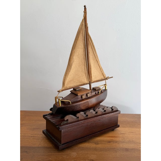 Brown Mid 20th Century Nautical Music Box With Animated Sailboat For Sale - Image 8 of 11
