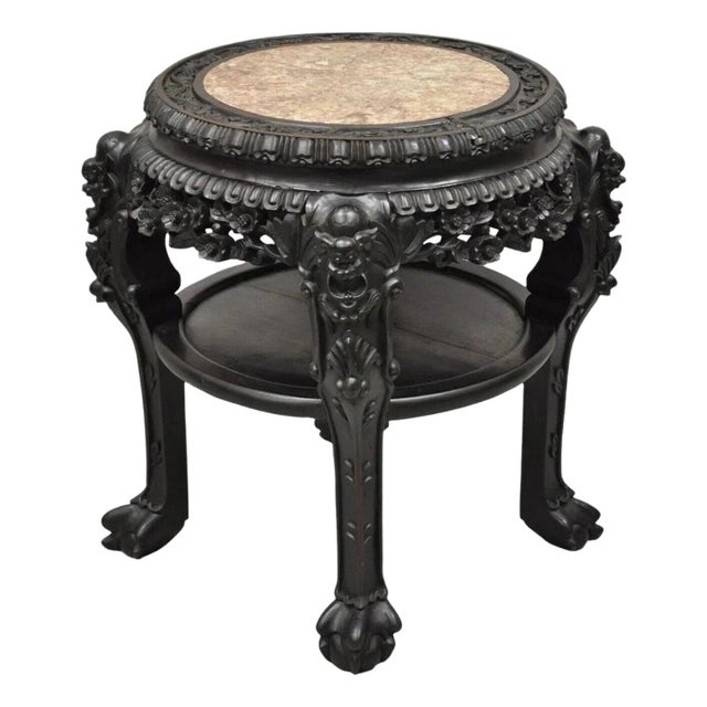 Antique Oriental Chinese Carved Hardwood Marble Top Foo Dog Side Table For Sale