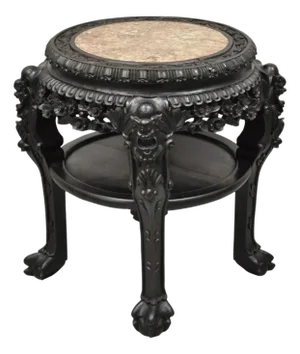 Antique Oriental Chinese Carved Hardwood Marble Top Foo Dog Side Table