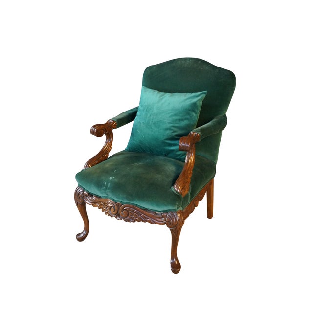 Victorian Victorian Revival Carved Mahogany Velvet Upholstered Library Reading Armchair For Sale - Image 3 of 18