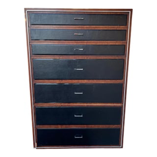 Mid-Century Modern Walnut , Leather Chrome Tall Chest of Drawers For Sale